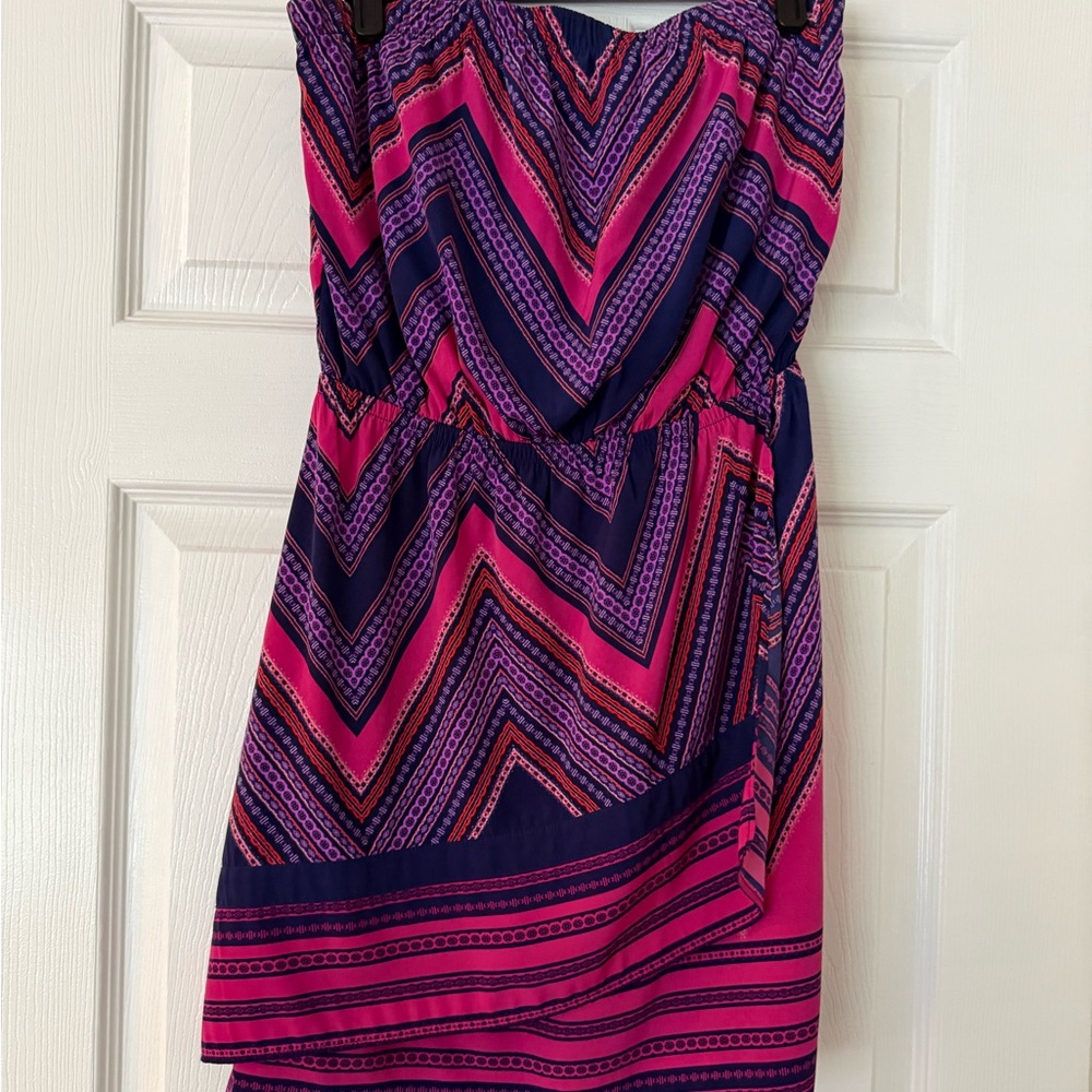 Express Strapless Dress in Pink and Navy Chevron